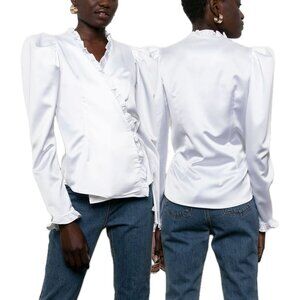 The Frankie Shop Romantic Satin-Feel Ruffle Wrap Puff Long-Sleeve Blouse (White)